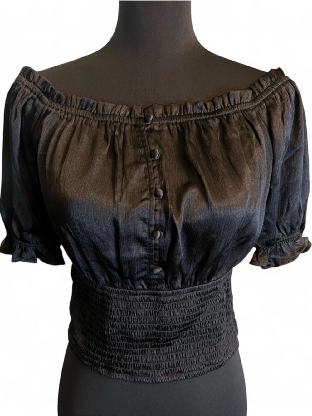 Guess Black Off-Shoulder Smocked Waist Crop Top